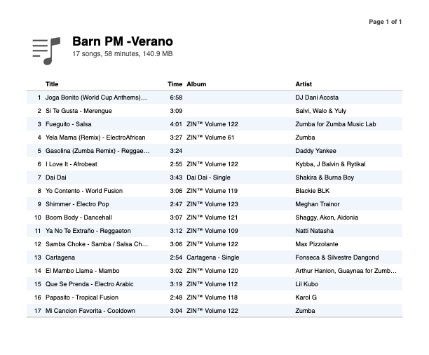 Zumba-PM Barn playlist Summer 2026 