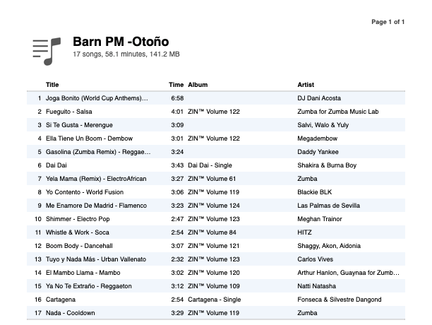 Zumba-PM Barn Fall 2026 playlist