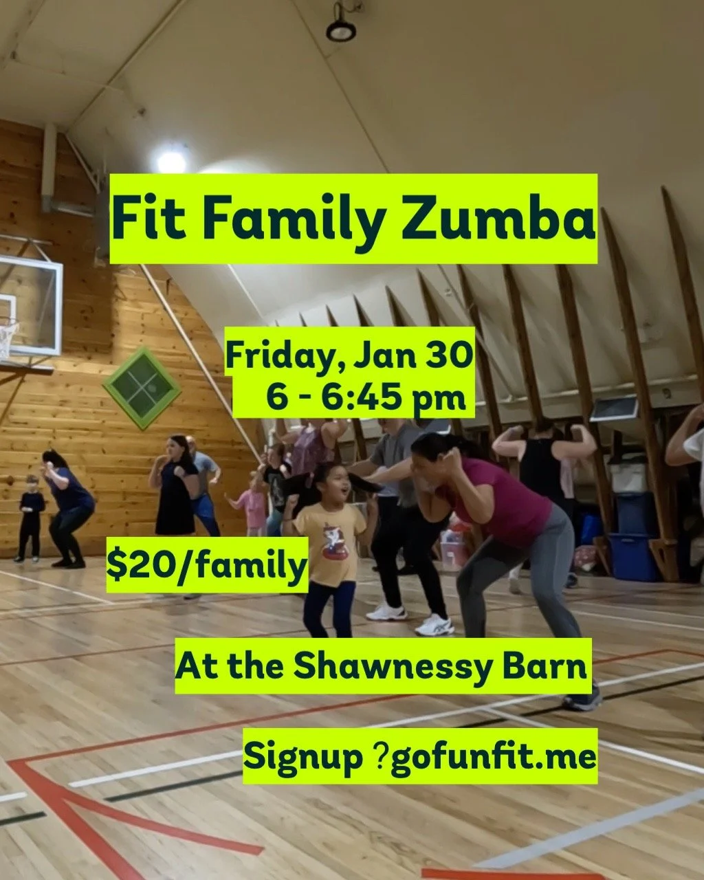 Family Zumba party for families with kids ages 5 and older at the Shawnessy Barn