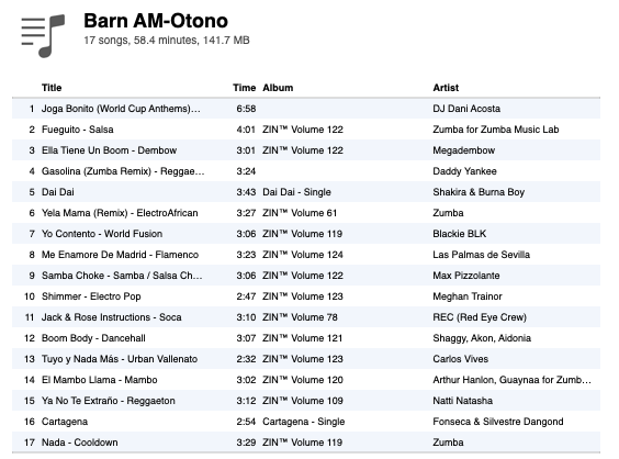 Zumba-AM Barn Fall 2026 playlist
