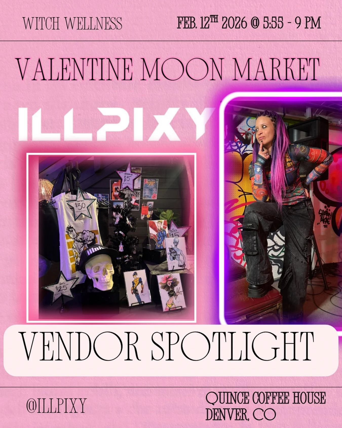 💗💗THIS THURSDAY!! 💗💗
✨Witch Wellness Valentine Moon Market✨
.
☕️ Quince Coffee House ☕️
1447 Quince St
Denver, CO 80220
5:55p-9p
.
.
.
.
.
@quincecoffeehouse @witchwellnesscollective 
#love #supportlocal #art #event #community