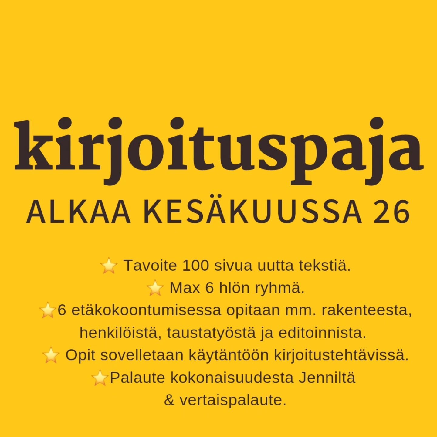 Huhuu! K&auml;ynnist&auml;n kes&auml;kuussa pienen ja luottamuksellisen kirjoitusryhm&auml;n, jossa tavoitteena on tuottaa sata sivua uutta teksti&auml; sek&auml; oivaltaa k&auml;sikirjoituksen kannalta k&auml;yt&auml;nn&ouml;nl&auml;heisi&auml; kein