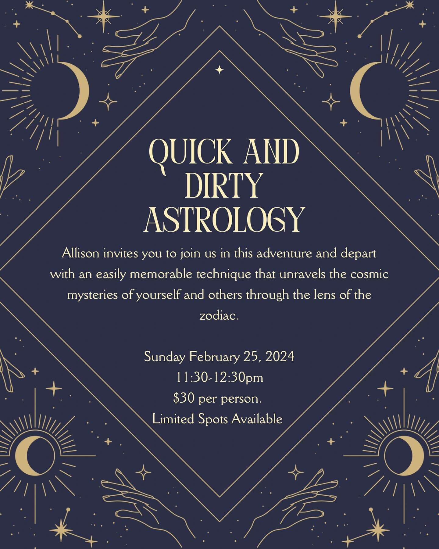 ✨New offering: Quick and Dirty Astrology!! 

At Vita Vi, part of our mission is deeply rooted in connecting women with tools and experiences that empower self-discovery, reflection, and of course, re-connection. Come check out a new, fun one: Quick a