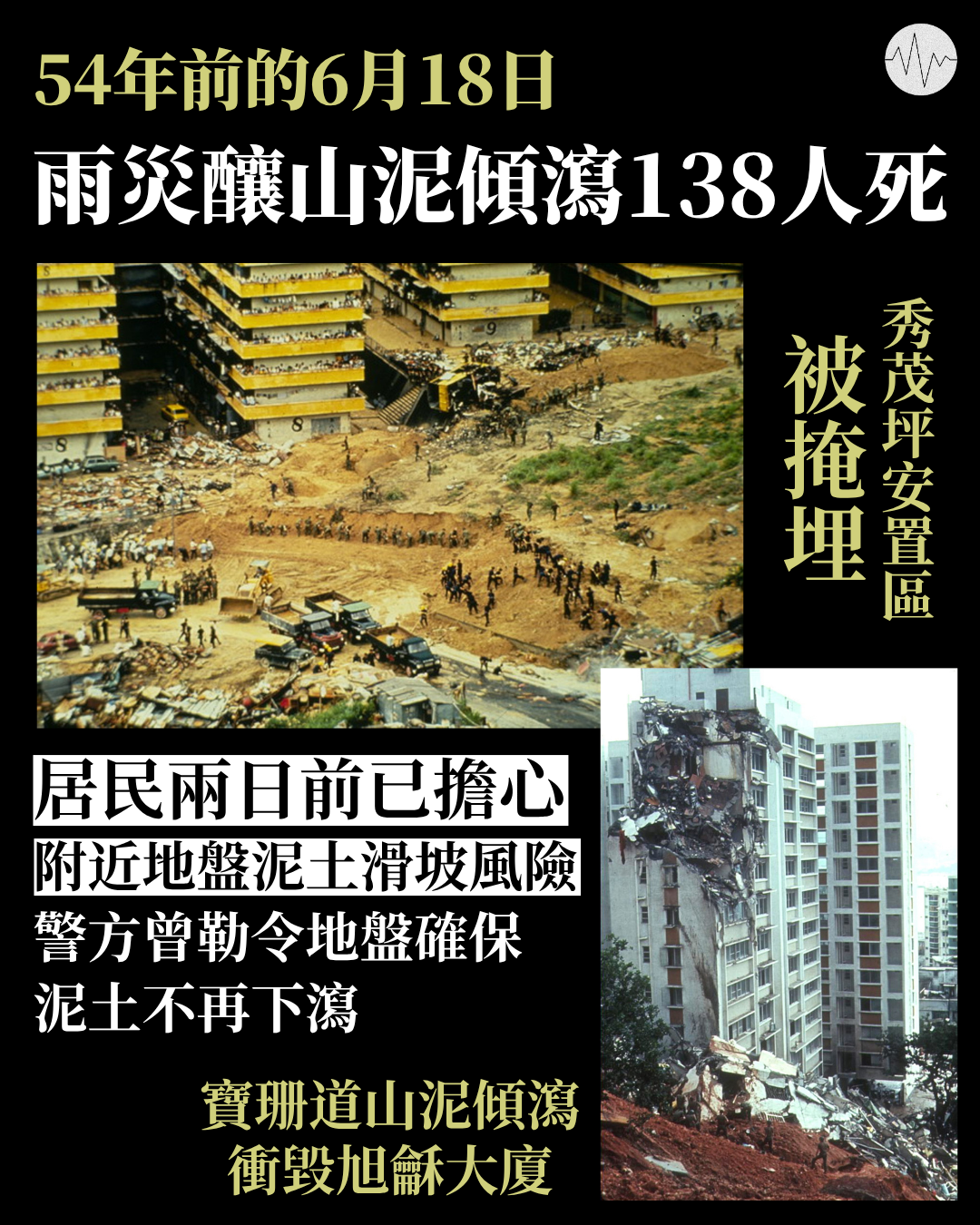 54年前的6月18日 雨災釀山泥傾瀉138人死 掩埋秀茂坪安置區 衝毀旭龢大廈