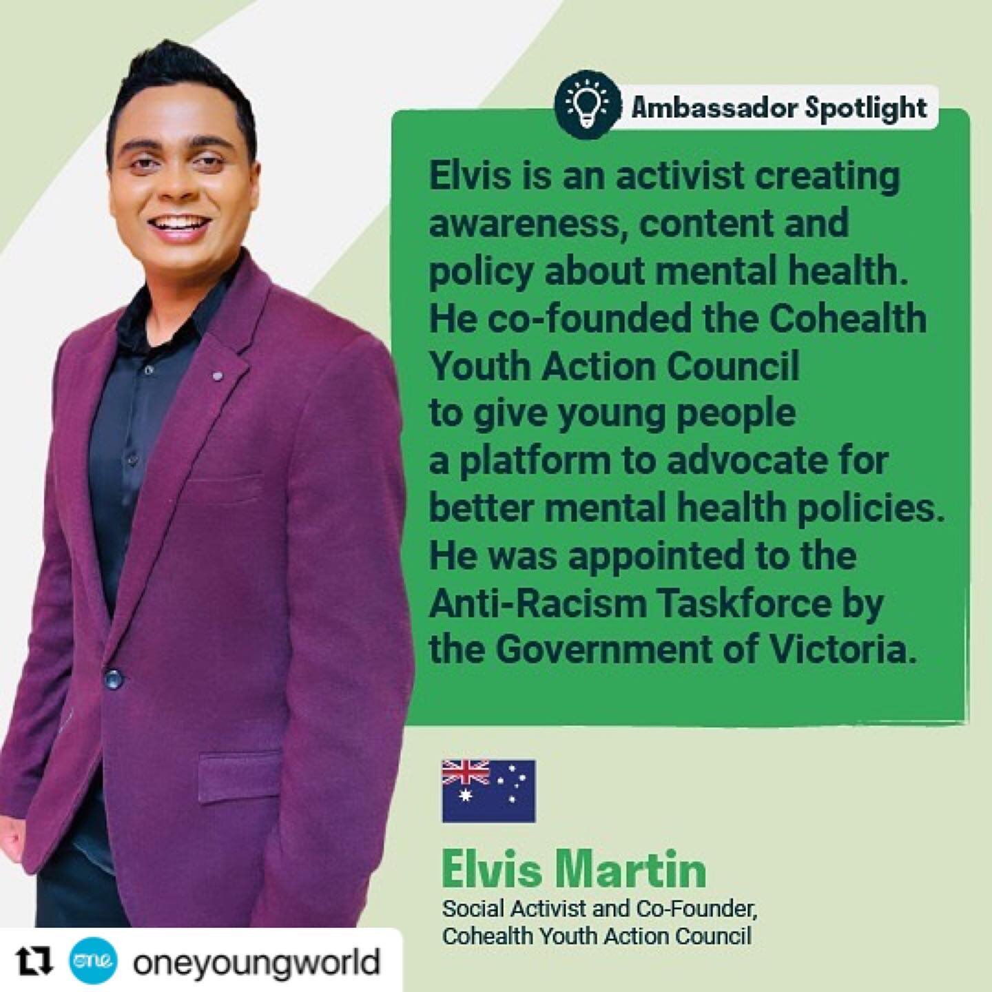 Thank you, @oneyoungworld. It&rsquo;s a great honour to be a One Young World Ambassador

#Repost @oneyoungworld with @use.repost
・・・
We&rsquo;re celebrating @elvismartin_official today! 🎉

Elvis is an active campaigner for mental health, gender equa
