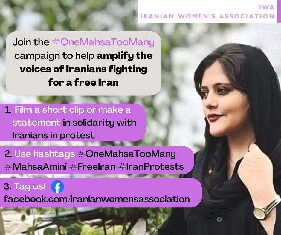 Please support the #OneMahsaTooMany Australian campaign

Use Hashtags: #OneMahsaTooMany #MahsaAmini #FreeIran #IranProtests

Tag: https://www.facebook.com/iranianwomensassociation

Thank you @tinahosseini and @nos.hosseini for your advocacy and for l