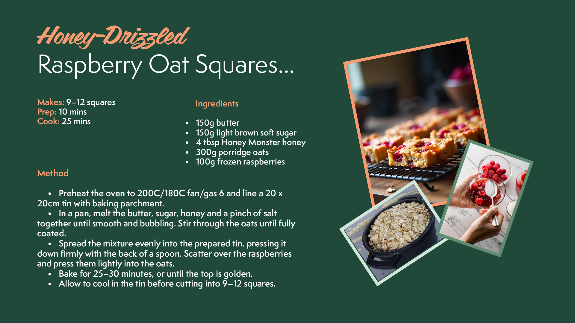 honey drizzled raspberry oat squares recipe featuring honey monster honey