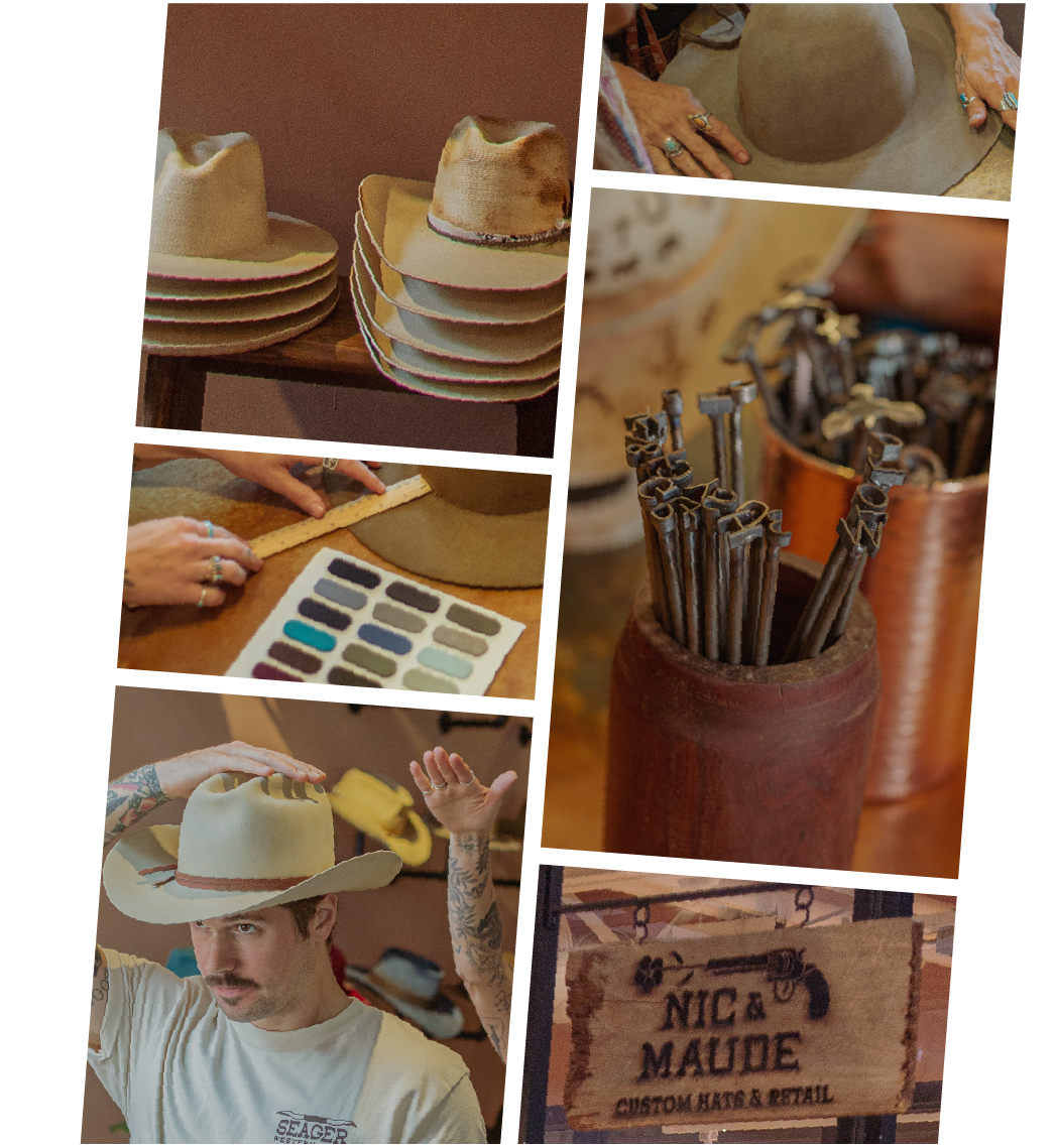 A collage of hat making work