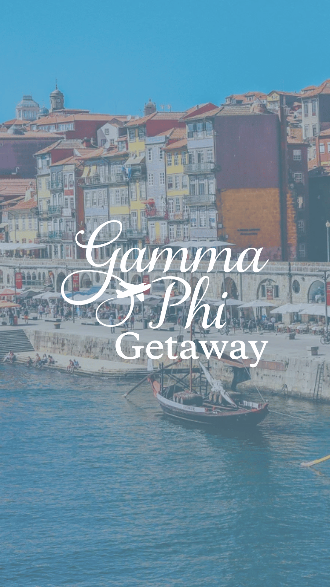 A colorful cityscape with buildings along a waterfront, boats on the water, and a bridge, with the text "Gamma Phi Getaway" overlayed.