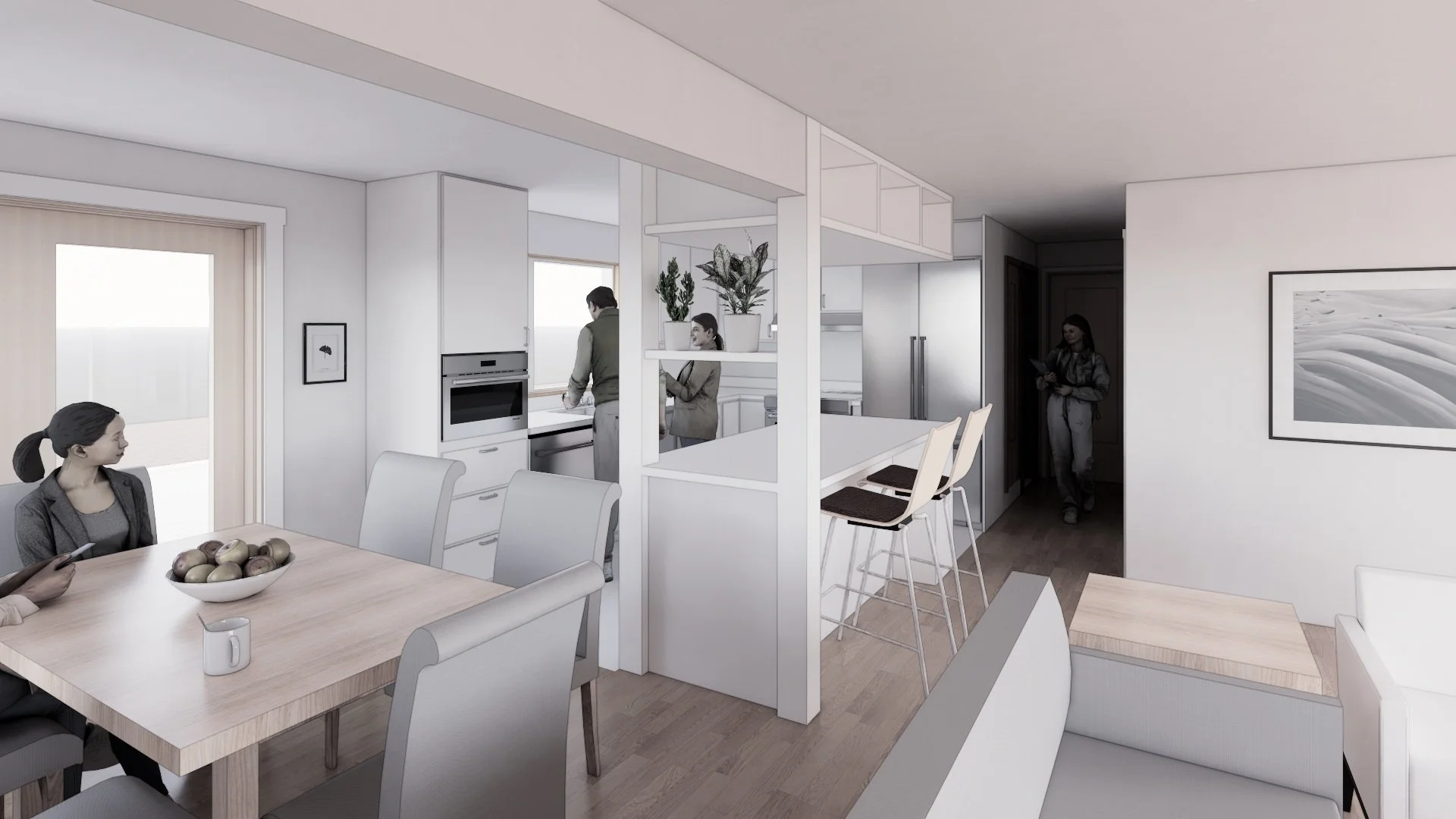 HKP's most recent Long-Range Planning project improves the flow throughout the main level of a 1947 Seattle home by opening up the enclosed Kitchen to the Living and Dining spaces, adding double doors onto an existing deck, and providing a new and en