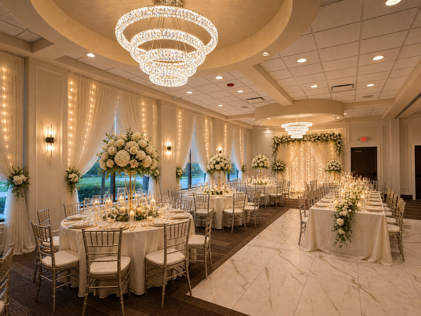 Elegant wedding reception hall with round and rectangular tables decorated with white tablecloths, floral centerpieces with white flowers, and candles. Light-colored drapes and string lights adorn the walls, and modern chandeliers hang from the ceili