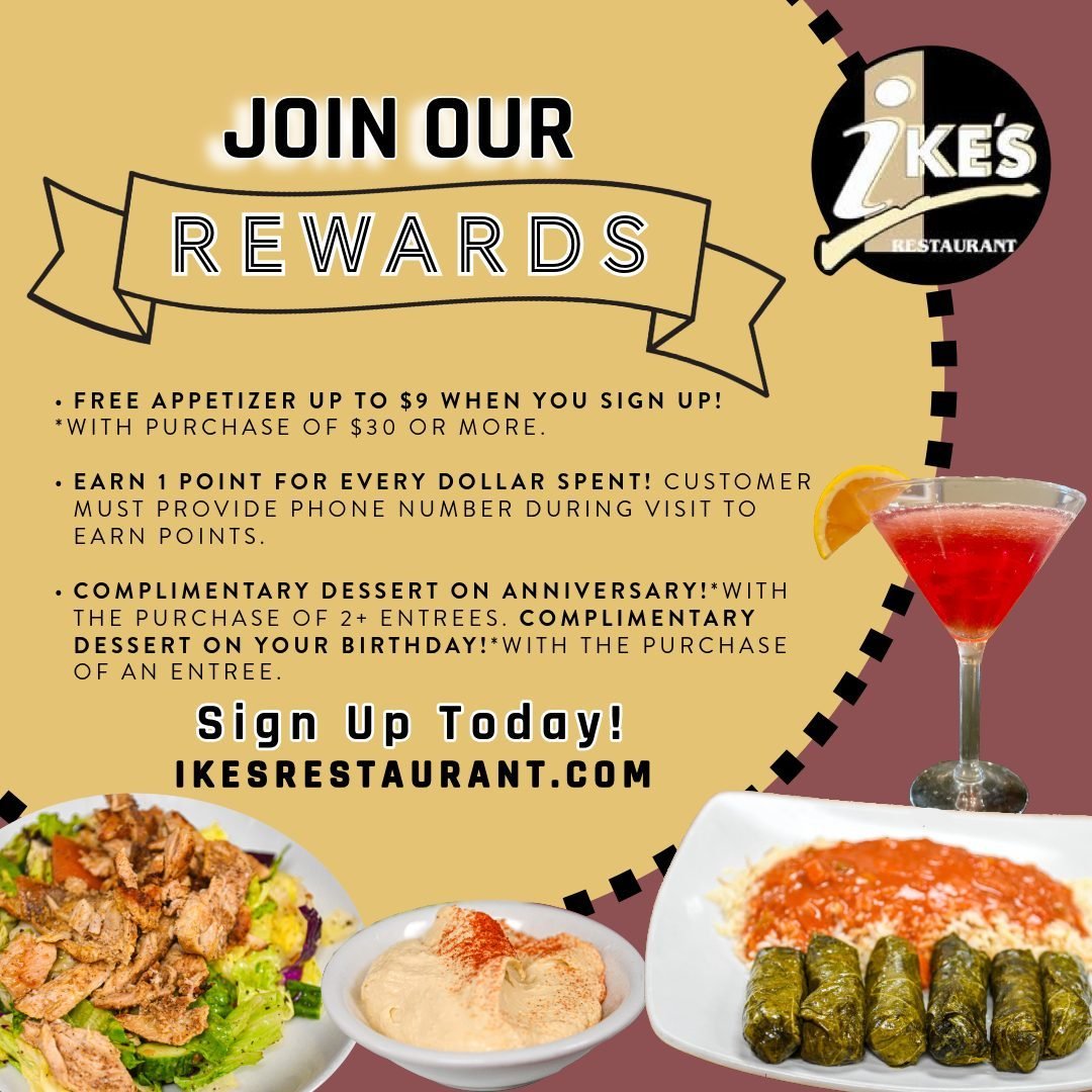 Join Ike's rewards program and receive a FREE APPETIZER up to $9 (available with a purchase of $30 or more) when you sign up! 

👉 OPEN Sundays - Thursdays from 11am - 9pm!
👉 Sign up: click the link in bio!
👉 Call (586) 979-4460 for Reservations an