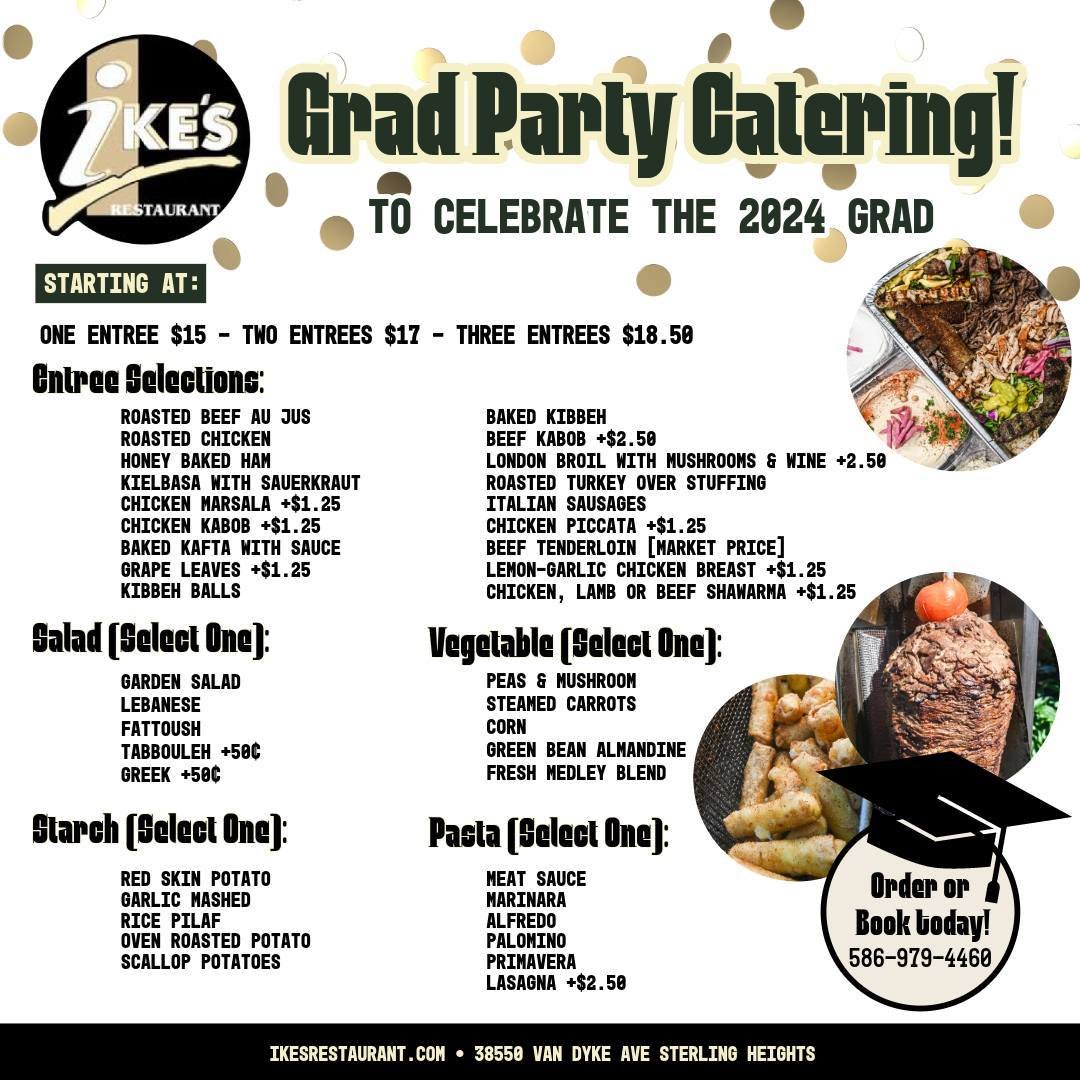 🎓🎉 Celebrating the Class of 2024 🎉🎓
Our catering service offers pick-up to drop-off and LIVE BBQ&rsquo;s&mdash;we can do it all! Book now to secure a spot for this summer! 

📞 Call (586) 979-4460 to inquire or place an order.

#IkesRestaurant #S