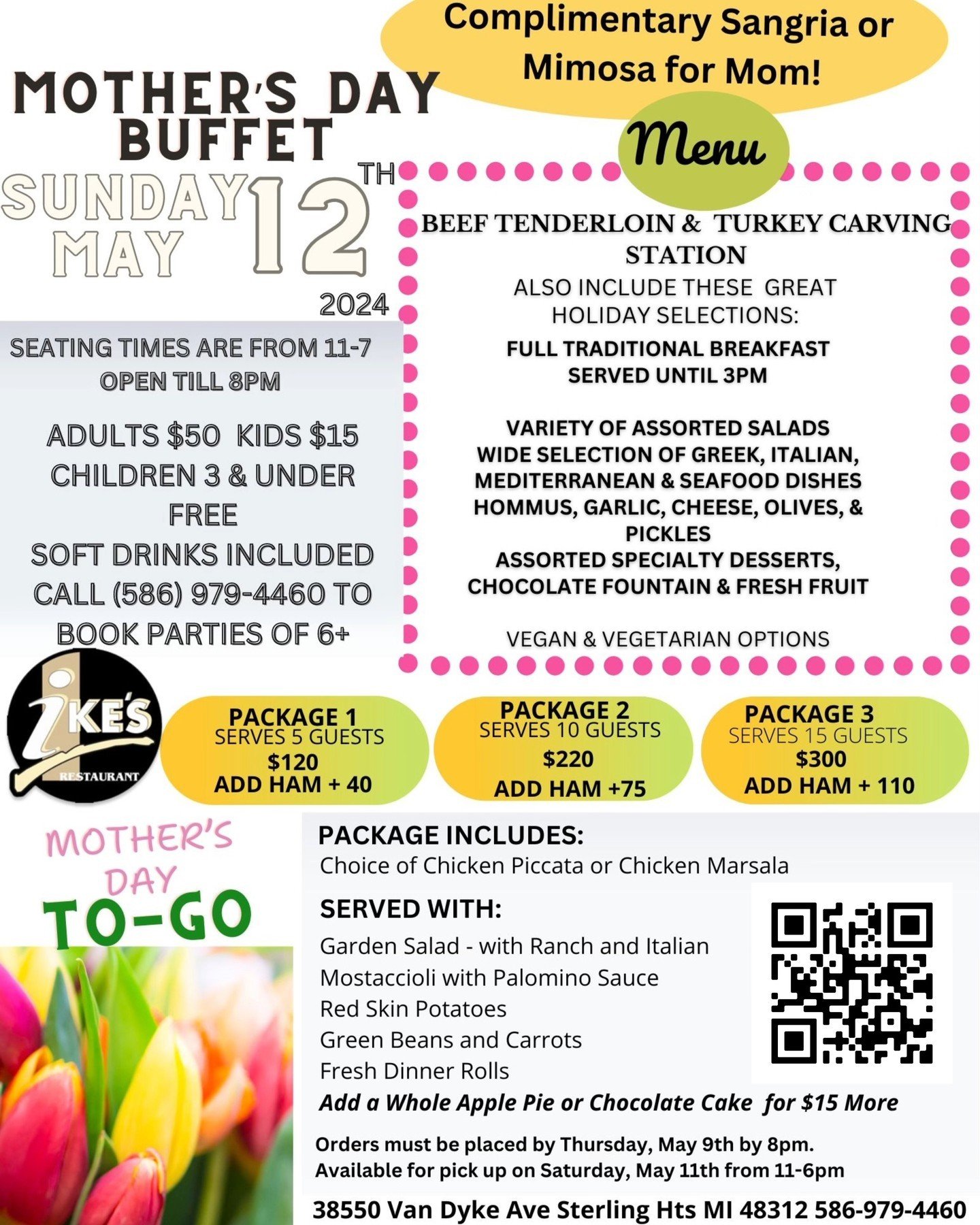 Mother's Day is just over ONE week away! Join us for our Mother's Day Buffet Brunch &amp; To-Go Package Options! Treat mom to a delicious spread at Ike's or take the celebration home.💐🍴 ⠀⠀
⠀⠀
📞 Call (586) 979-4460 to reserve a table of 6 or more f