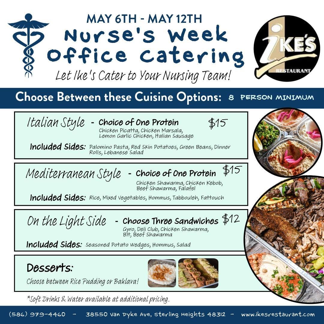 It's Nurse's Week! Let us cater your Nurses Week celebration with flavors that heal and dishes that delight. Because every nurse deserves a delicious thank you!⠀
⠀
Call to Place Order 📞 (586) 979-4460⠀⠀
⠀⠀
#IkesRestaurant #SterlingHeights #MacombCou
