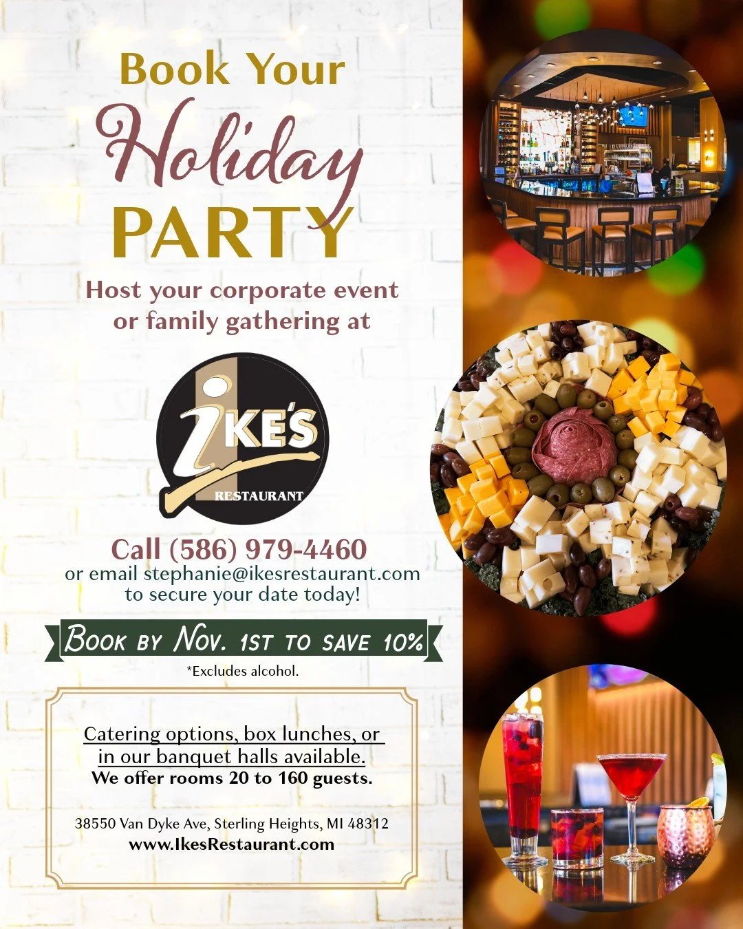 Ike's Restaurant is the perfect place to host your holiday party! Whether you're looking to celebrate with coworkers or loved ones, we have the perfect space for you. The best part? If you book by November 1st, you'll save 10% on your reservation! (*