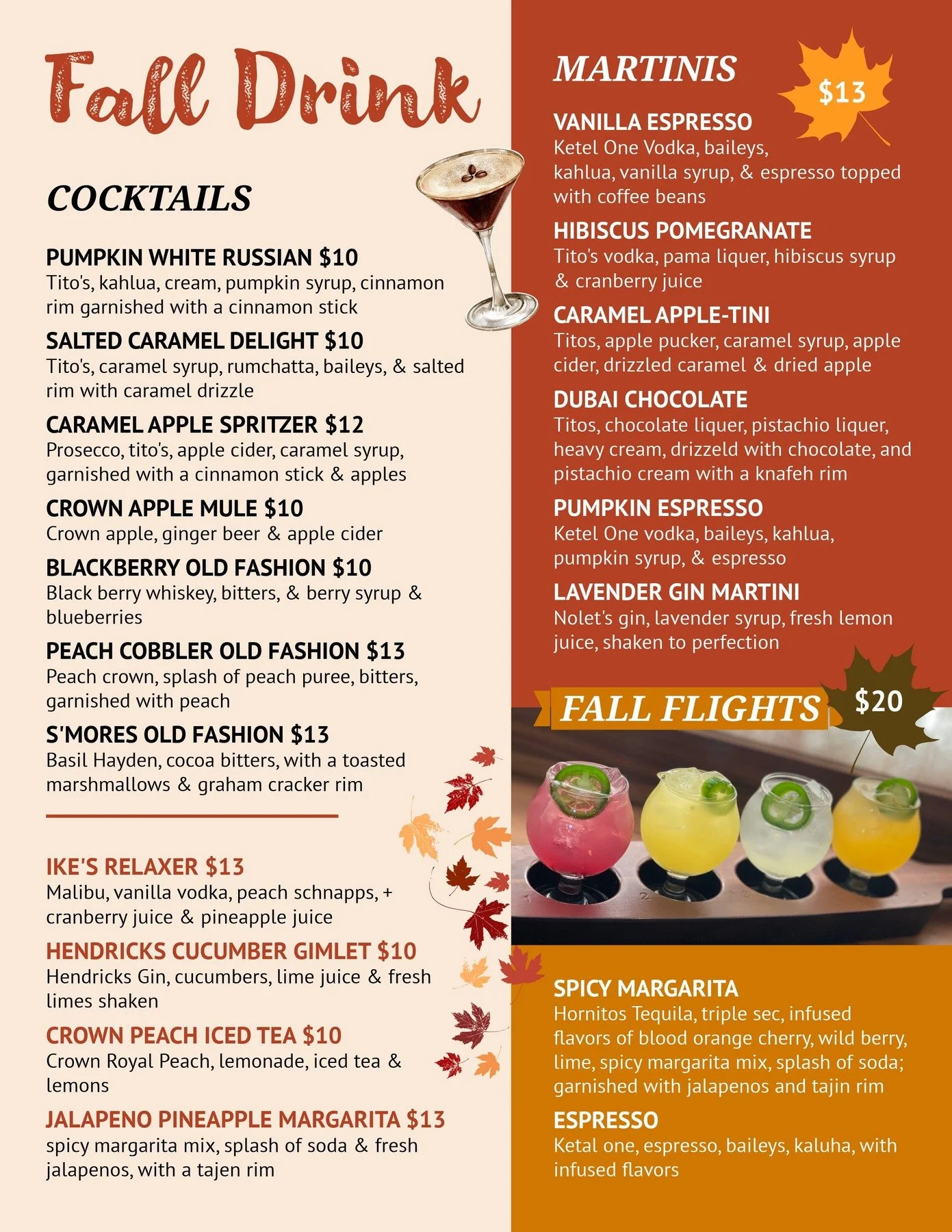 Sip into the season with Ike&rsquo;s Fall Drink Menu! 🍂 From cozy flavors like the Pumpkin White Russian and Salted Caramel Delight to the crisp Caramel Apple Spritzer and indulgent Pumpkin Espresso Martini &mdash; every sip tastes like fall in a gl
