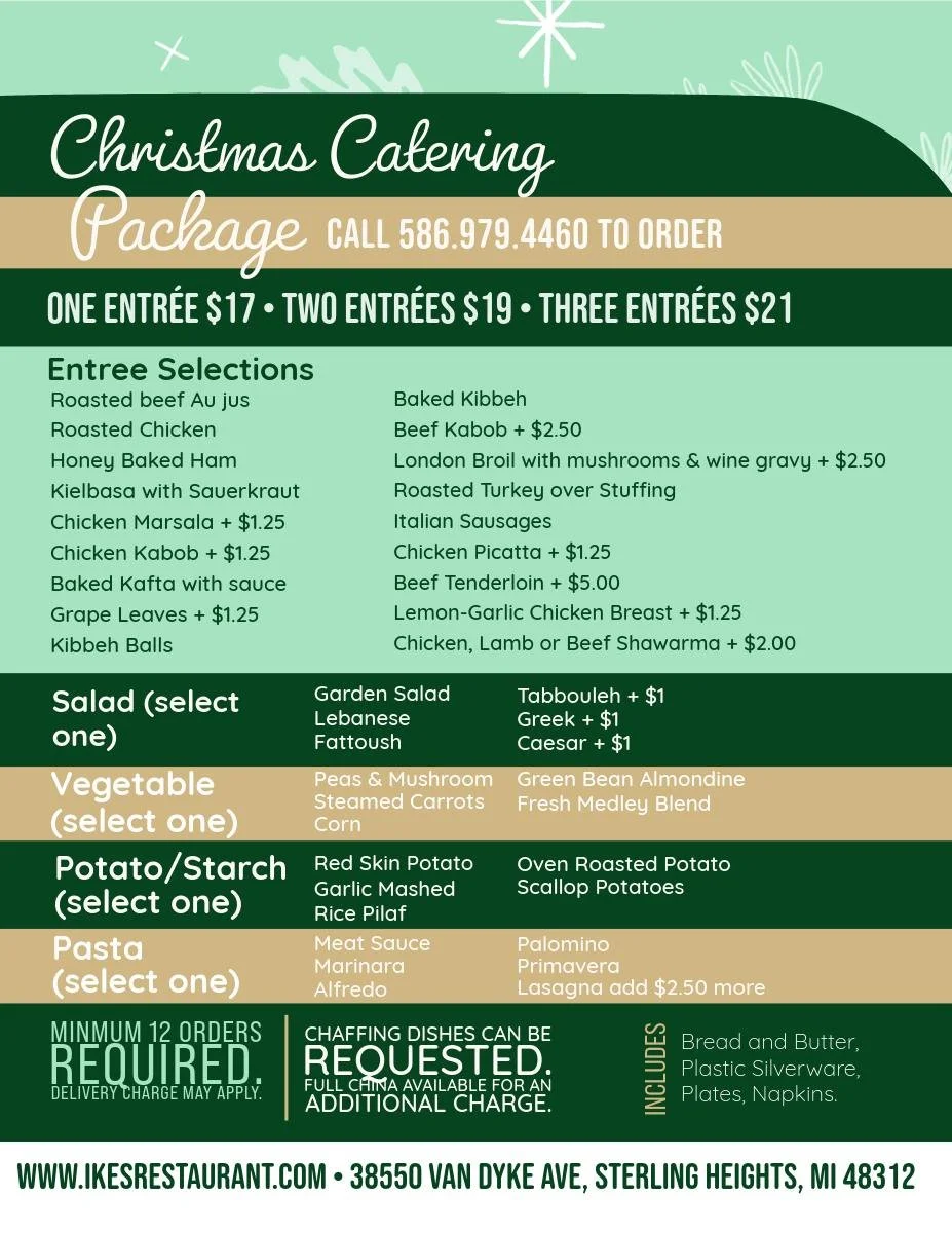 Let us cook Christmas this year! 🎄 Choose your entr&eacute;es, sides, salads &amp; pasta &mdash; we&rsquo;ll take care of the rest.

Go to IkesRestaurant.com to see all of our catering options!
📍38550 Van Dyke Ave, Sterling Heights, MI

#IkesRestau