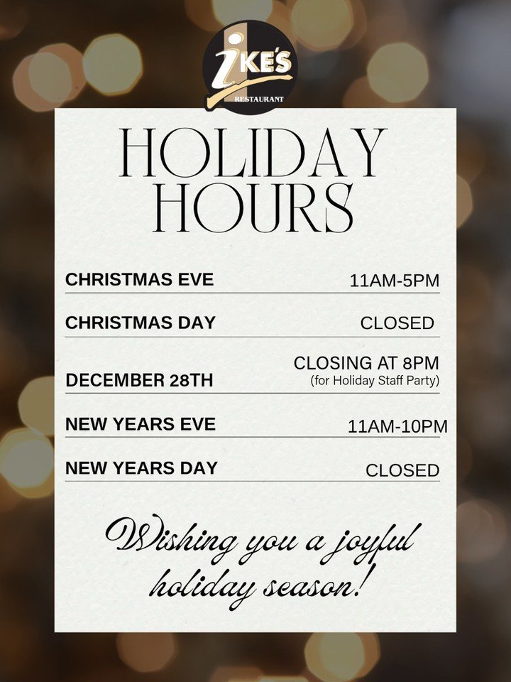 The holidays are upon us, and our hours look a little different! ⏰✨
Please refer to our holiday schedule and plan your visits accordingly. Wishing you peace, joy, and great food all season long! 🎄🥂

Open today from 11am-5pm!
View Menu or Order Onli