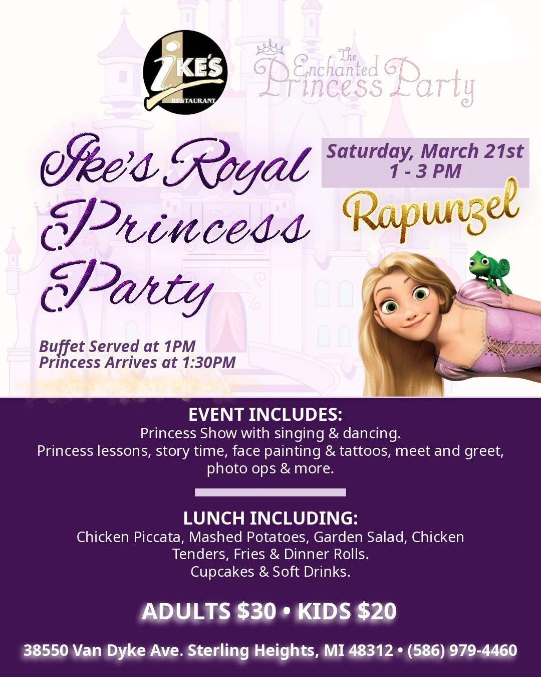 Calling all little princes and princesses! 💜 Join Ike&rsquo;s for a Royal Princess Party featuring Rapunzel, singing, dancing, princess lessons, photo ops, and a delicious lunch buffet. Limited spots available!

📅 Saturday, March 21st
⏰ 1:00 - 3:00