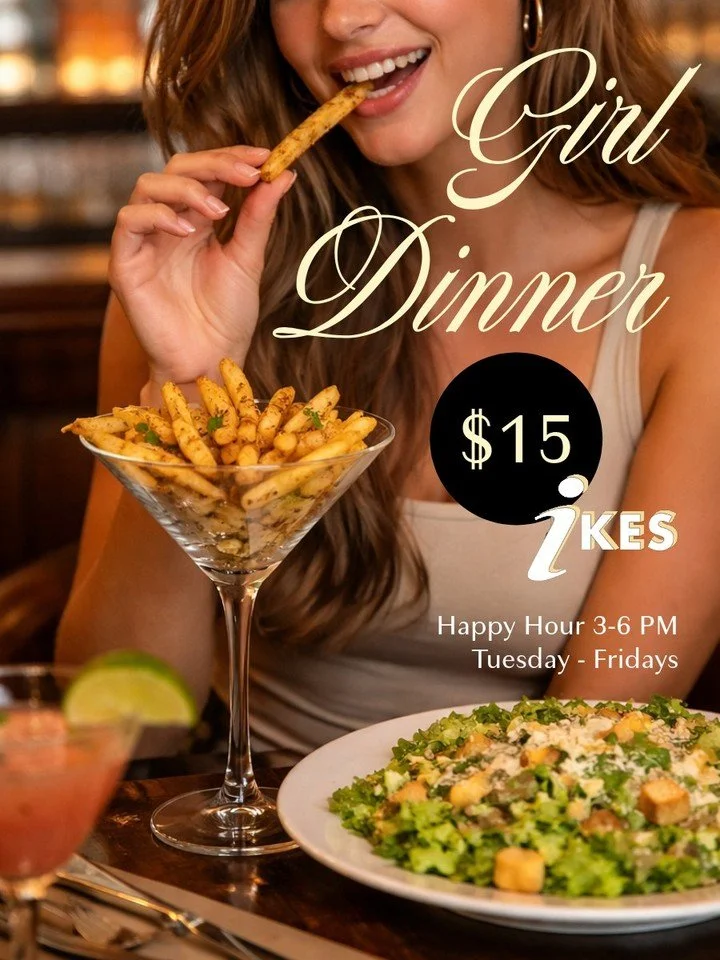 Girl dinner, but make it happy hour 🍟🥗 
Seasoned fries + Caesar salad for $15 &mdash; Tuesday&ndash;Friday from 3&ndash;6 PM.

🕚 Open today 11am-9pm
📲 Order online and view the menu: link in bio

#IkesRestaurant #HappyHour #GirlDinner
