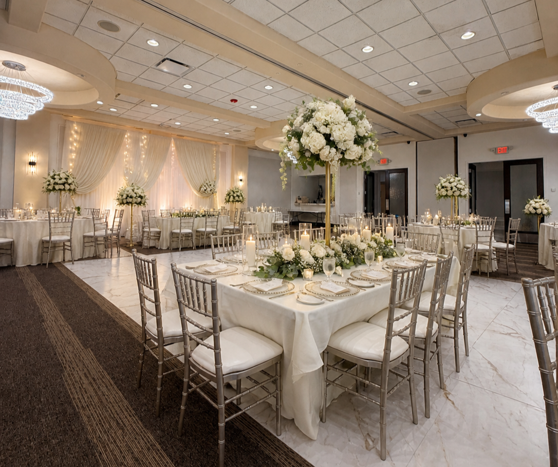 Elegant wedding reception hall decorated with white flowers, candles, and draped curtains.