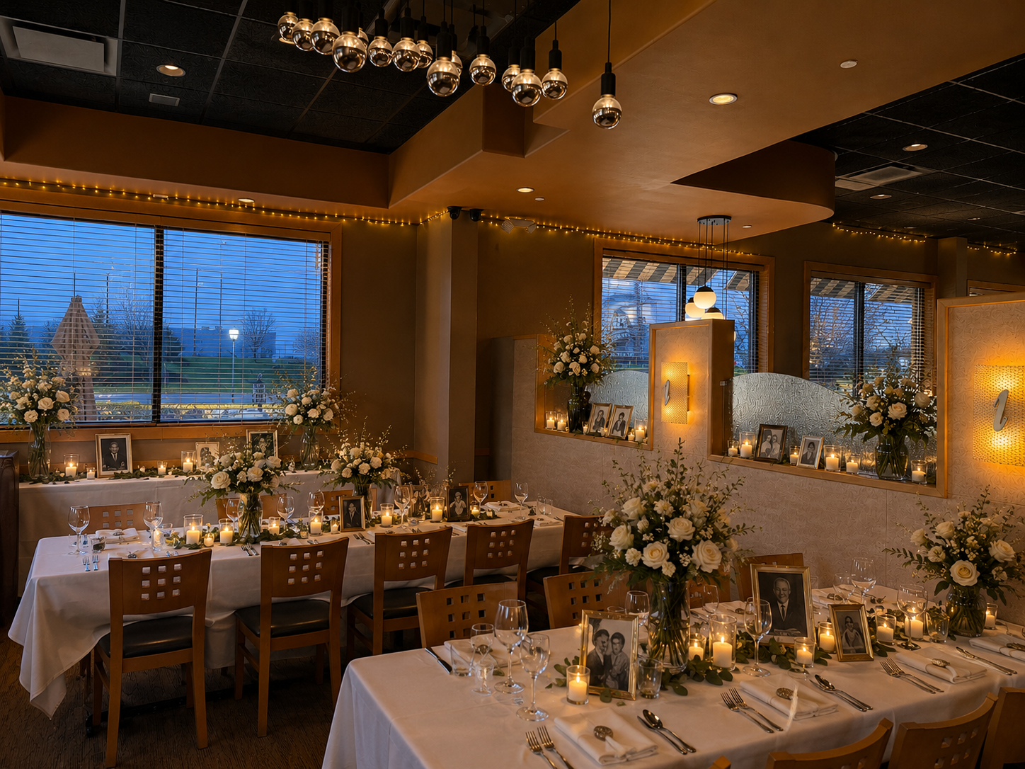 A decorated indoor dining area with long tables covered in white tablecloths, set with silverware, wine glasses, and candles. The tables are adorned with large floral arrangements of white roses and greenery. Framed black-and-white photos are placed 
