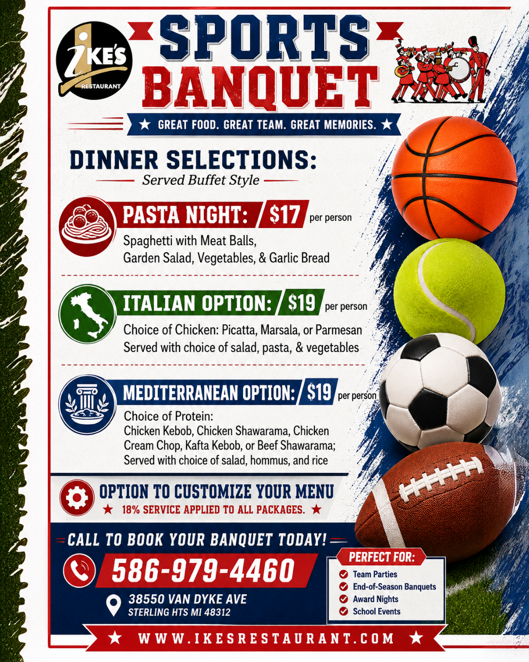 Sports banquet flyer featuring the restaurant's logo, listing dinner options including pasta night, Italian, and Mediterranean, with sports-themed icons and sports balls, contact information, and location details.