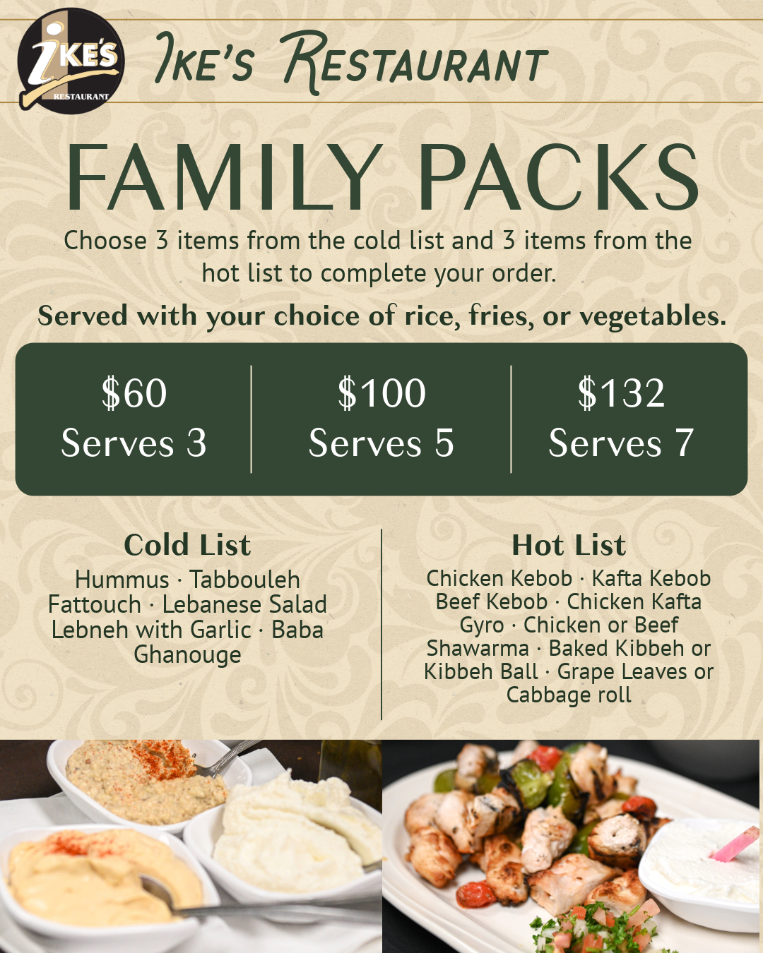 Menu advertisement for Ike's Restaurant family packs with options for different serving sizes and prices, including cold and hot list dishes, and two photographs of Lebanese and grilled dishes.