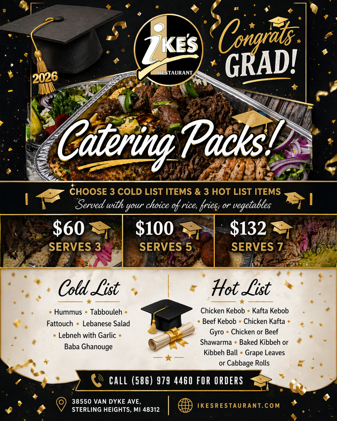Catering promotion for Ikes Restaurant celebrating graduation, featuring catering boxes with various meats and sides, options for cold and hot list items, prices, serving sizes, and contact information.