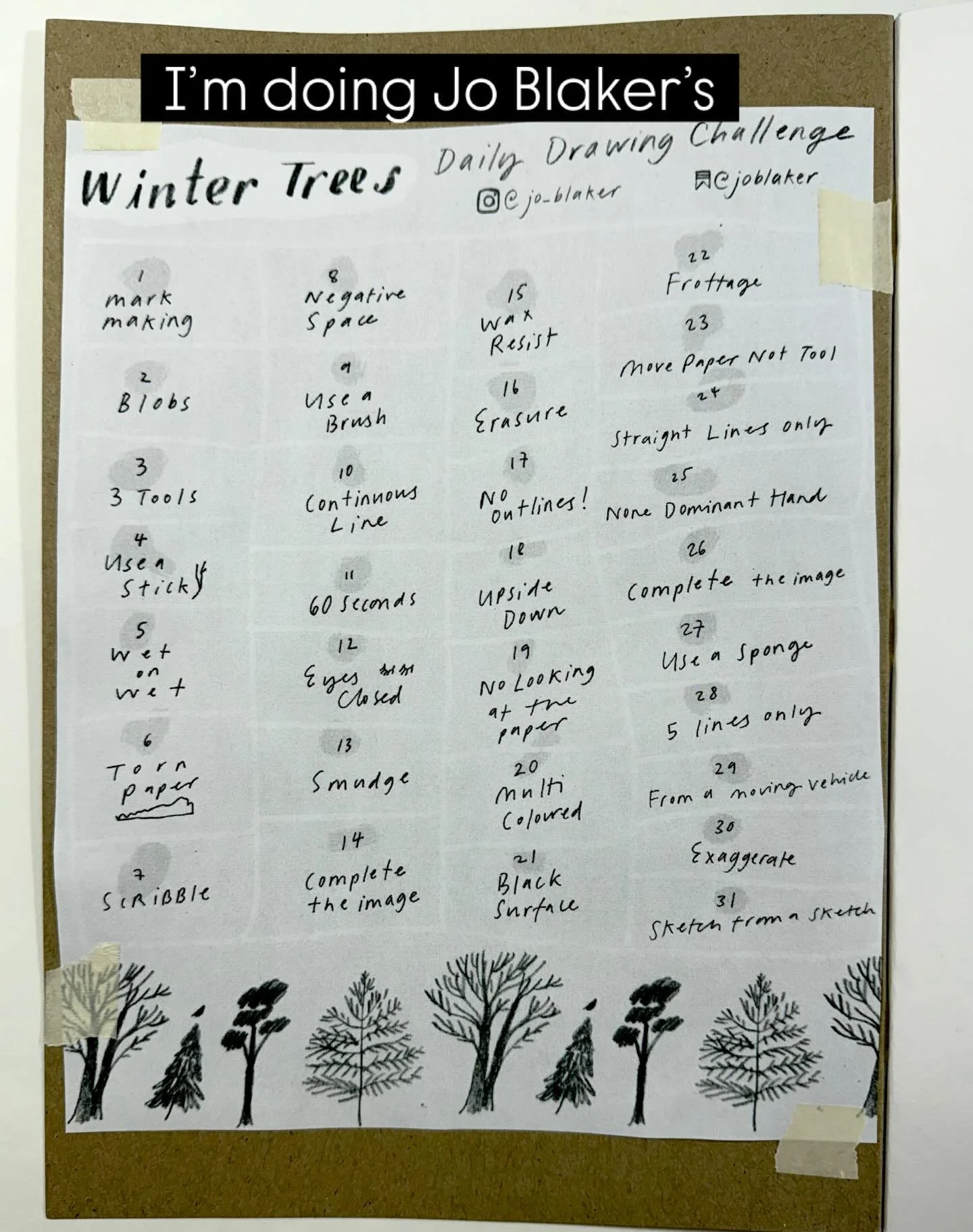 Week One of Jo Blaker&rsquo;s WINTER TREES drawing challenge. 
Trees can be an intimidating subject. So many branches!! Jo&rsquo;s techniques and tips are an approachable and fun way to explore different ways to draw trees. So far the prompts &lsquo;