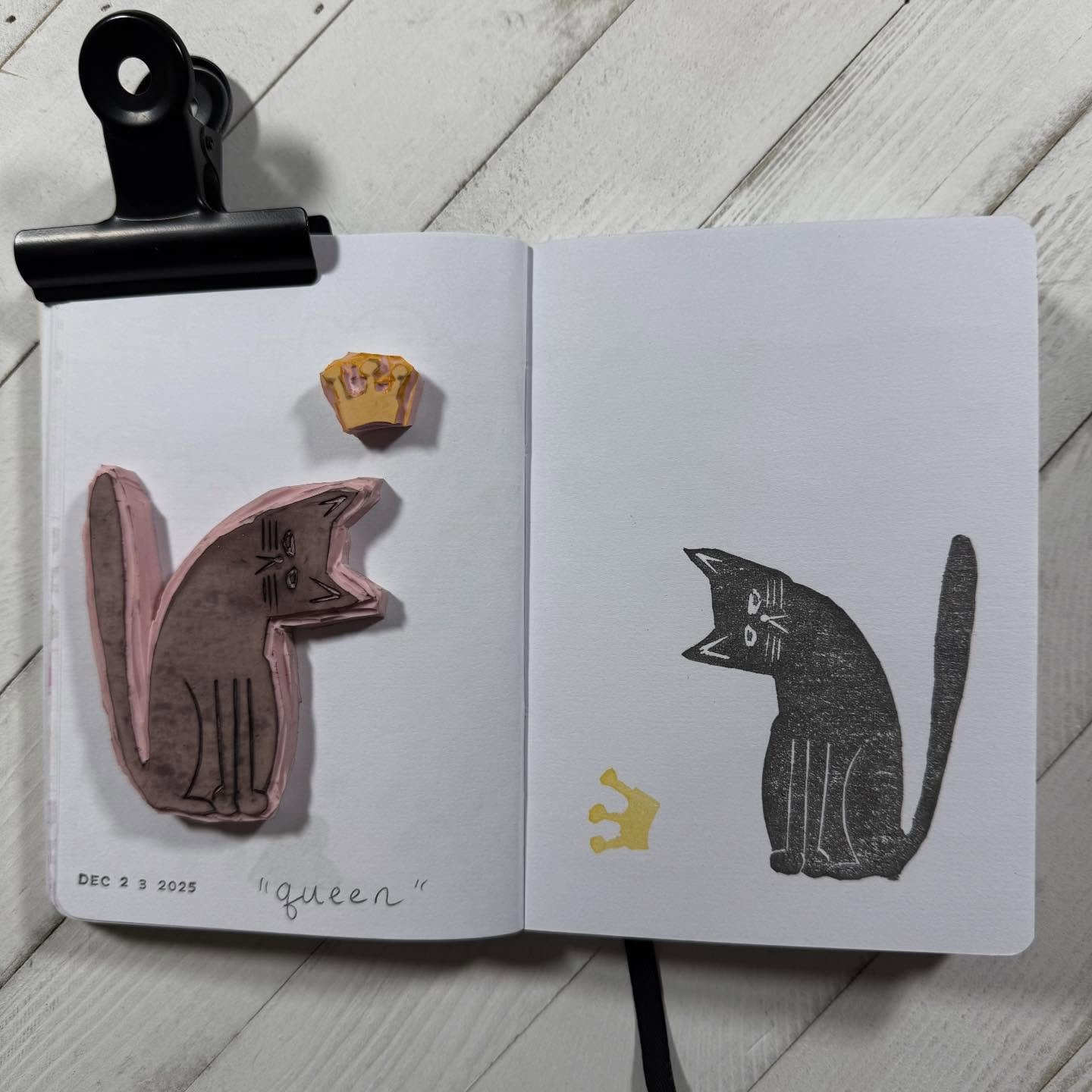 I was sick and miserable the week before and after Christmas. It shows in this batch of stamps for #carvedecember2025 
23 - queen 👑
24 - related 🌳(I think I reused stamps that went together because I was exhausted)
25 - jolly (🤭)
26 - top heavy 🍄