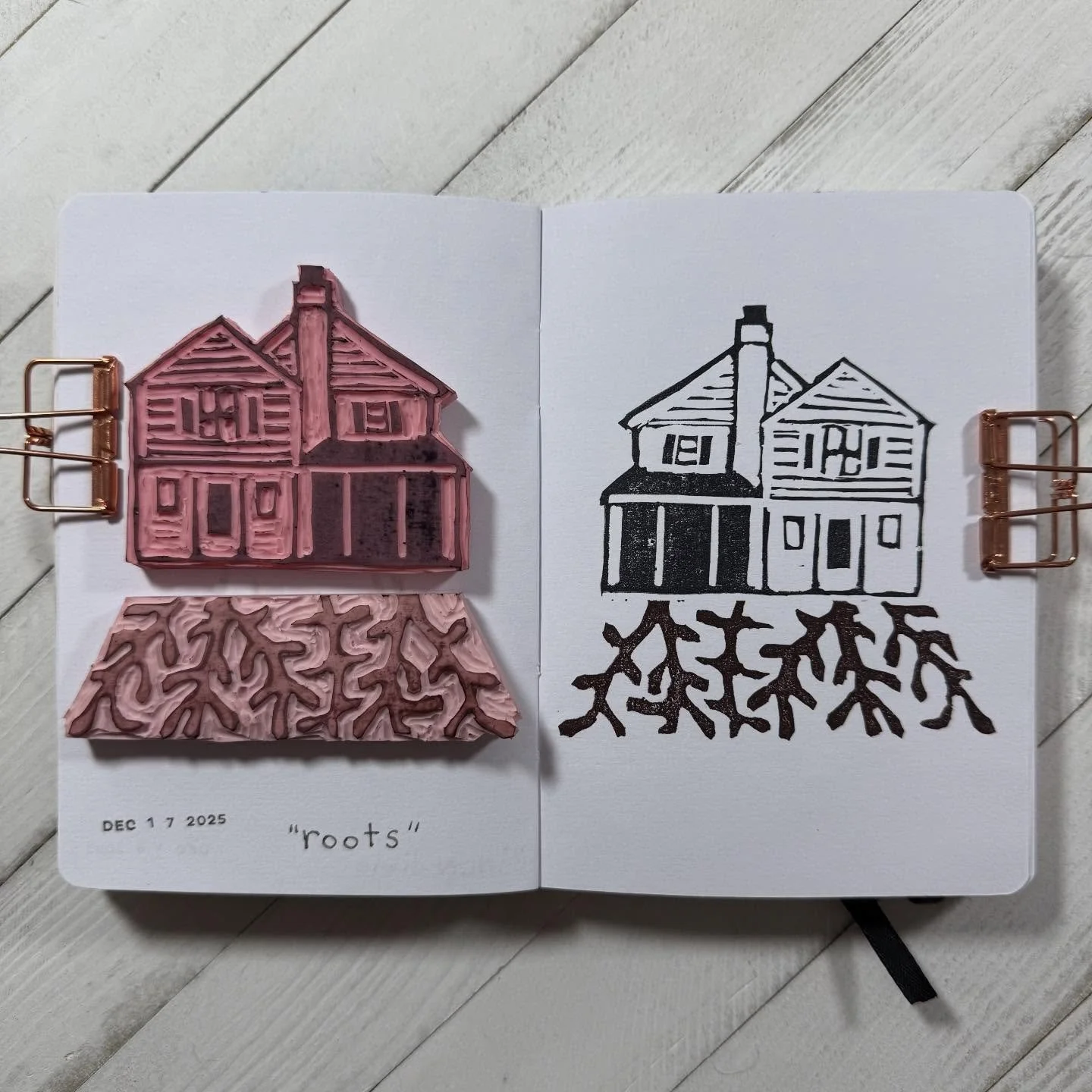 I finished #carvedecember2025 ages ago but I forgot to post them. 
13 - roots (I carved our house as part of this prompt but I forgot to reverse the image 🤷&zwj;♀️ 
14 - dangerous 🦈 
15 - above ☁️ 
16 - noisy 🐈&zwj;⬛ 
17 - gentle ❄️ (and a haiku)