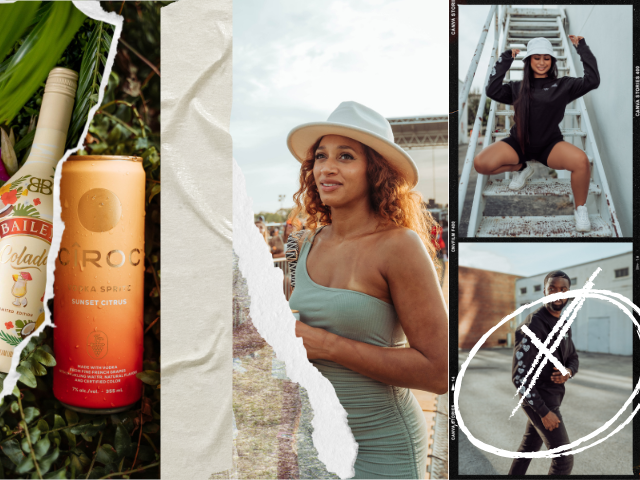 A collage of a bottle of Bailey cocktail, a can of CÎROC Sunset Citrus, a woman in a light blue dress and white hat, a woman in black athletic clothing sitting on stairs, and a man in black standing outdoors.