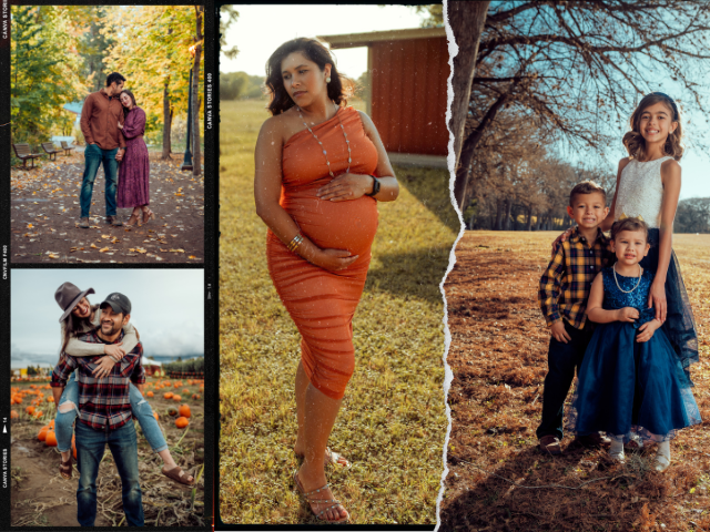 Collage of four outdoor photographs featuring different groups of people. The top left shows a couple walking through a park surrounded by autumn trees. The bottom left shows a man carrying a woman on his shoulders in a pumpkin patch. The middle image features a pregnant woman in an orange dress standing on grass near a red building. The right image depicts three children standing on a field of dry grass with trees in the background, two girls wearing dresses and a boy in a checkered shirt.