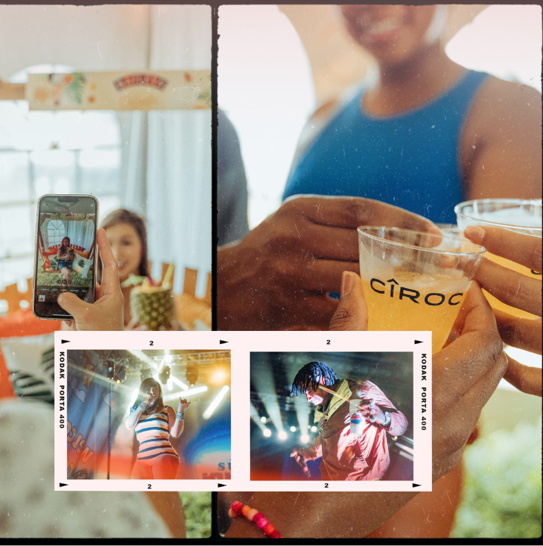 A person is taking a photo of a young girl with a phone, in a bright indoor setting with a pineapple drink on the table. In the top right, a hand holds a glass with a drink labeled 'Ciroc', with a person in a blue tank top in the background. Two smaller images at the bottom show a woman performing on stage with colorful lights and a man with dreadlocks at a concert.
