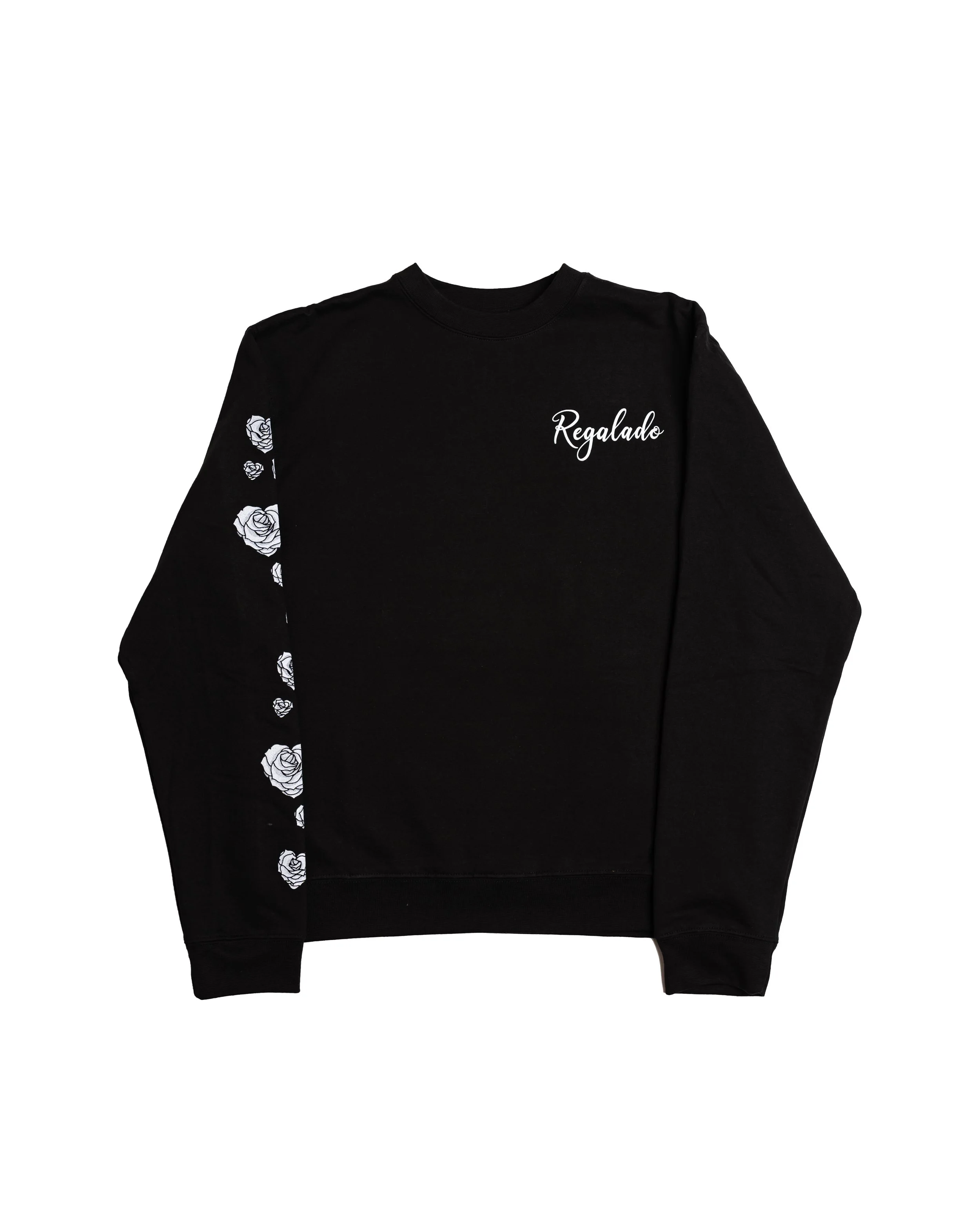 Black sweatshirt with white floral designs on the sleeve and the word 'Regalado' written on the chest.