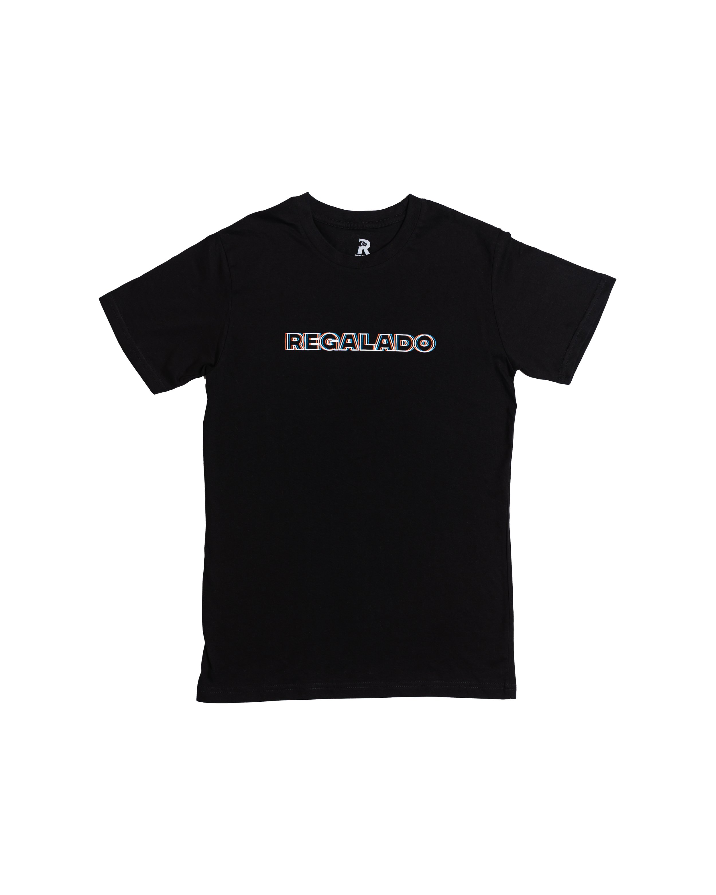 Black T-shirt with the word "REGALADO" printed across the chest in multicolored outline letters.