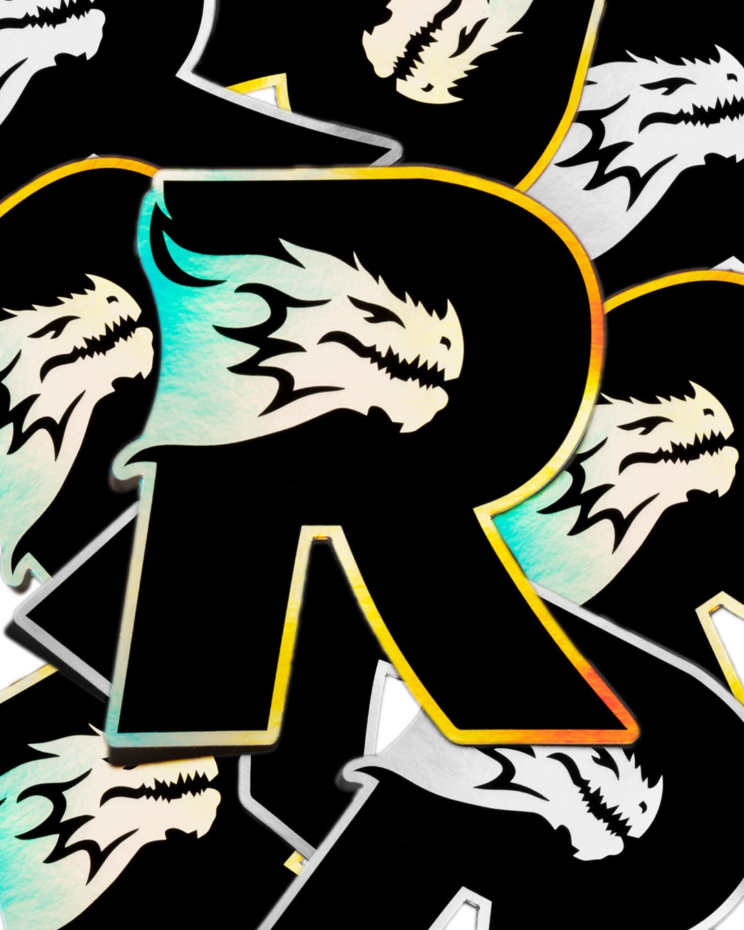 Multiple stickers featuring a stylized dragon head and the letter R outlined with a colorful border on a black background.