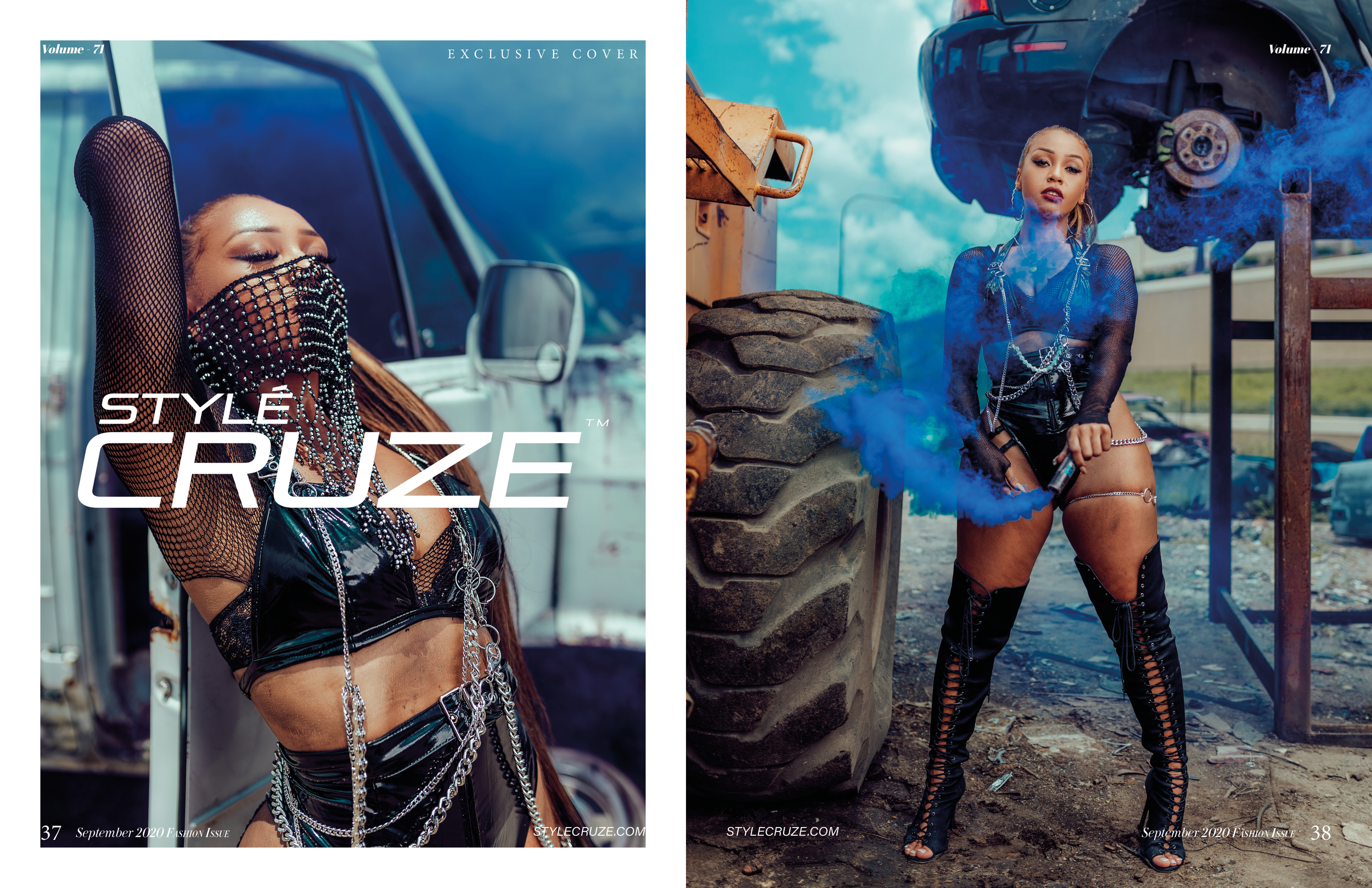 Fashion magazine spread featuring a woman in fashion, with one side showing her posing with her arms resting behind her head wearing fishnet top and chains, and the other side showing her holding a smoke device in front of a large tire with blu