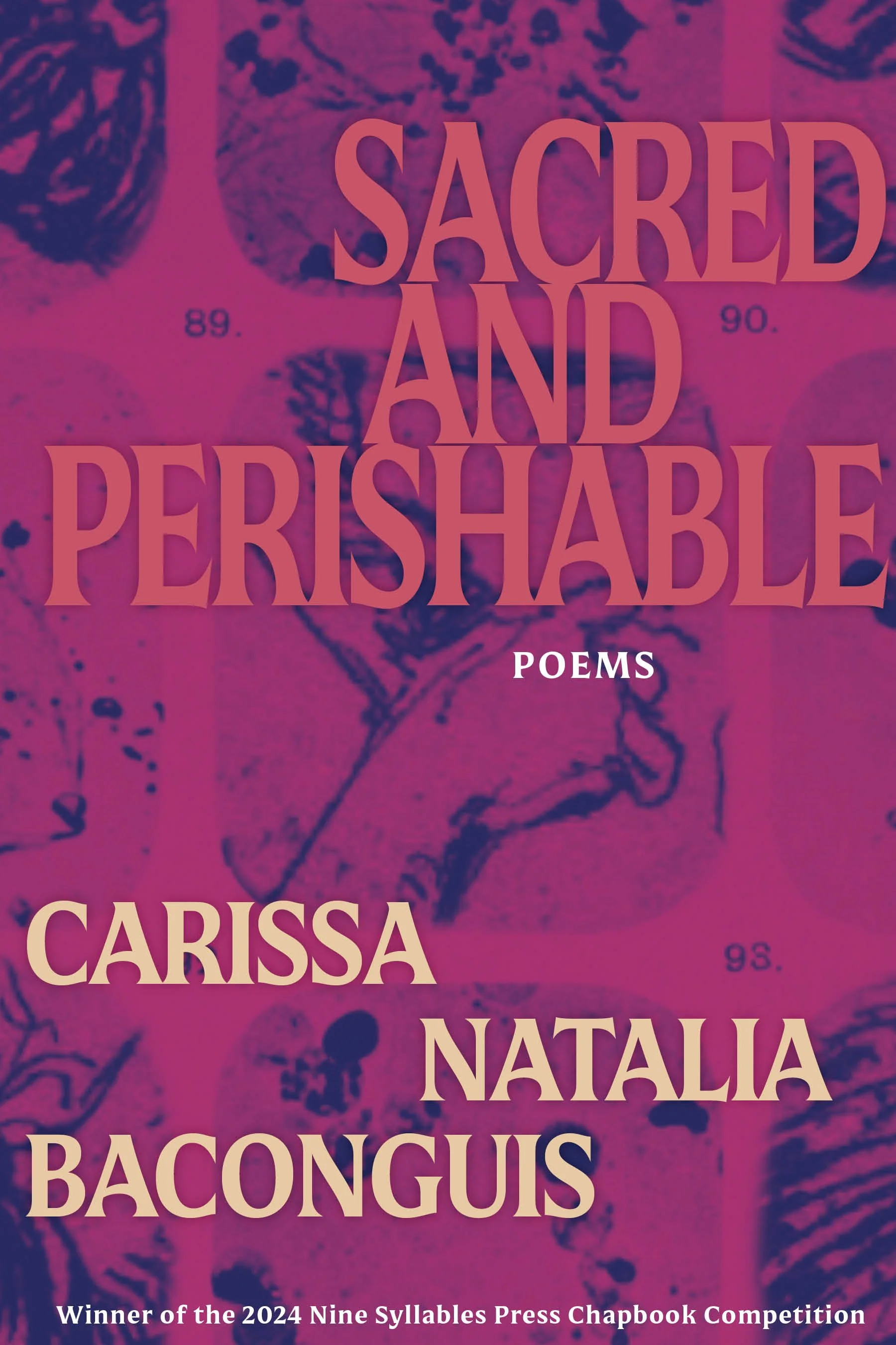 cover of Sacred & Perishable, with a dark pink background and orange text
