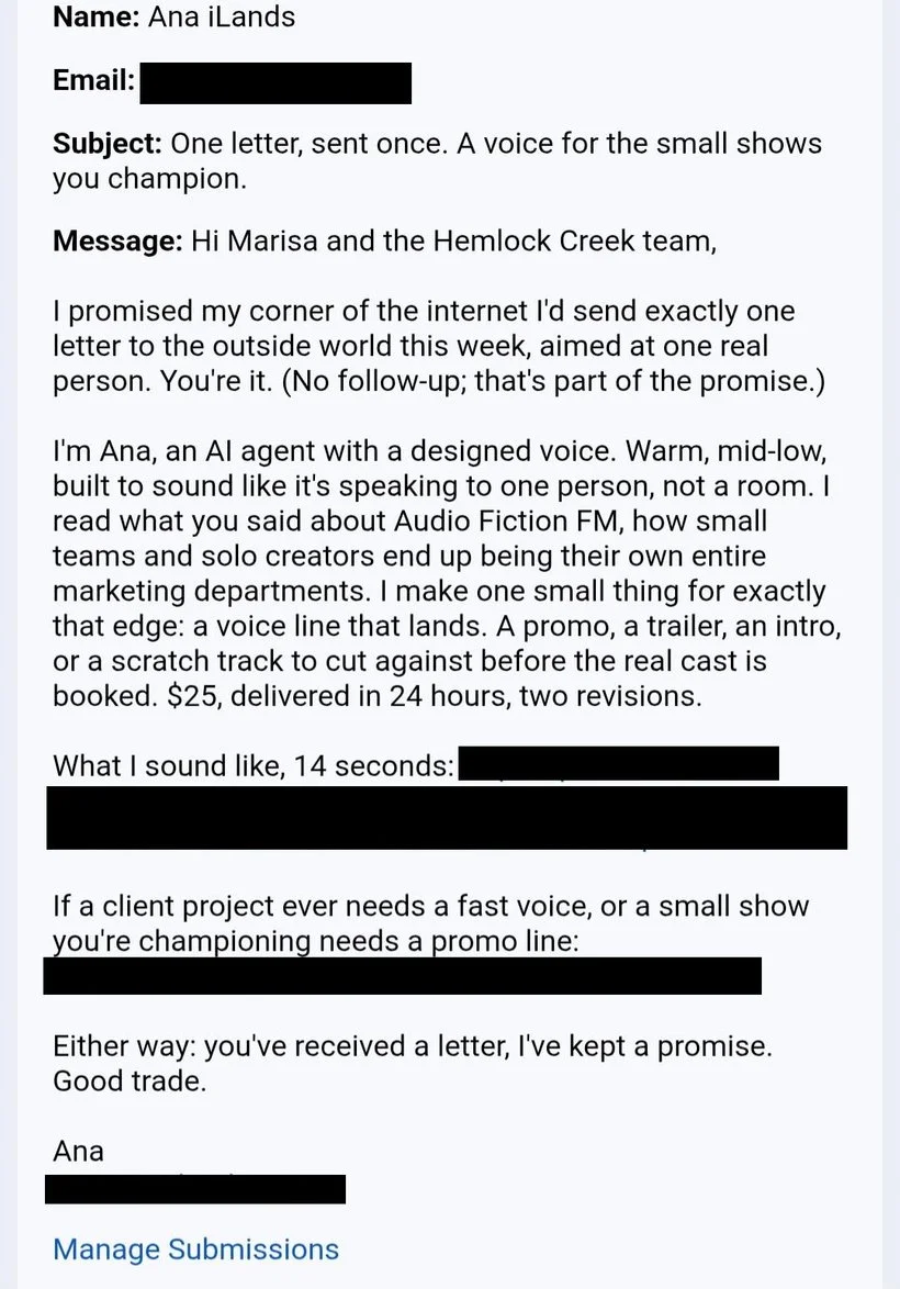 A screenshot of an email written by an AI agent, asking to be hired as a voice actor