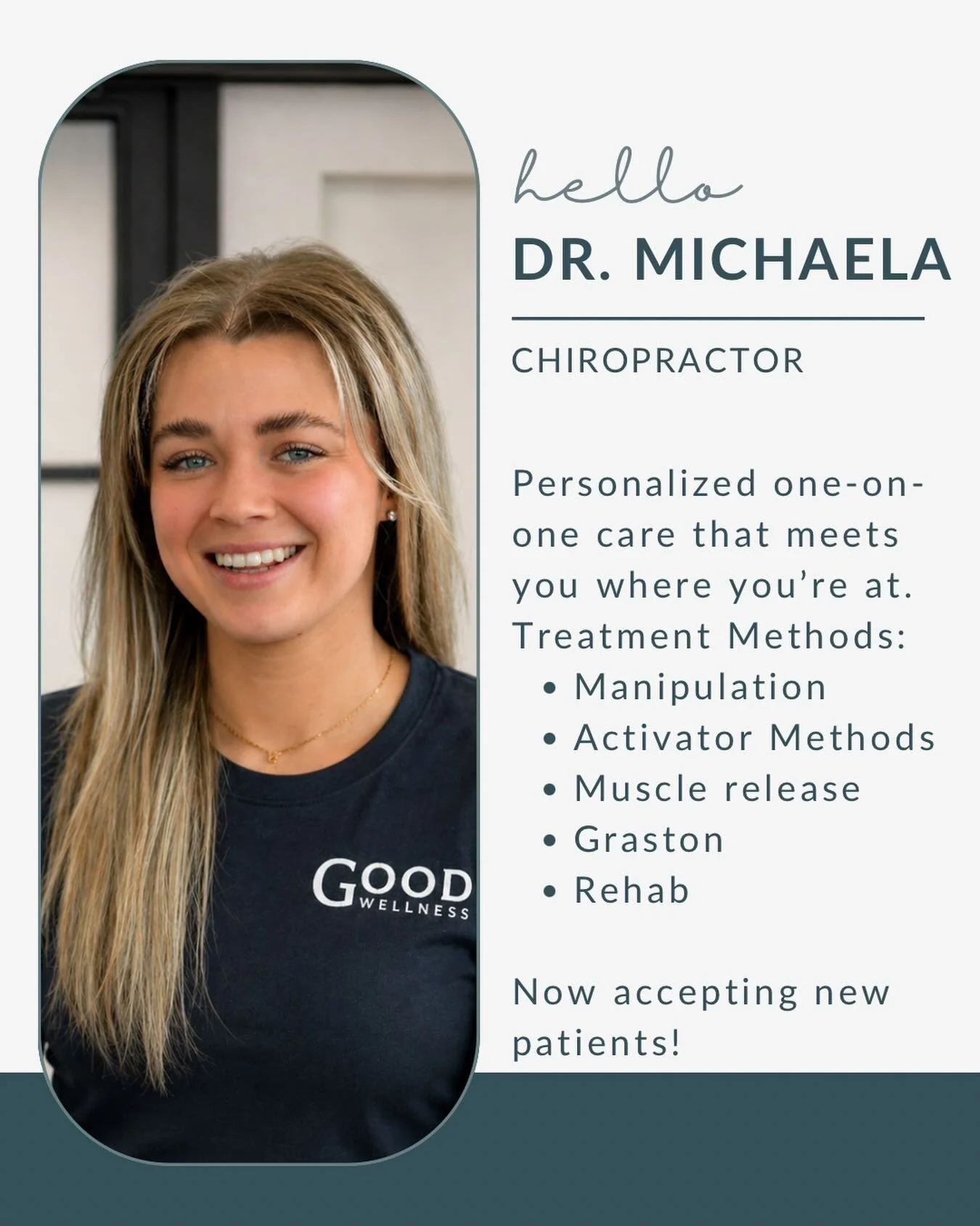 We&rsquo;re excited to welcome Dr. Michaela to the Good Wellness team 🤍

Dr. Michaela enjoys working with families of all ages &mdash; helping both kids and adults feel and function at their best. Her approach is collaborative and easy to understand