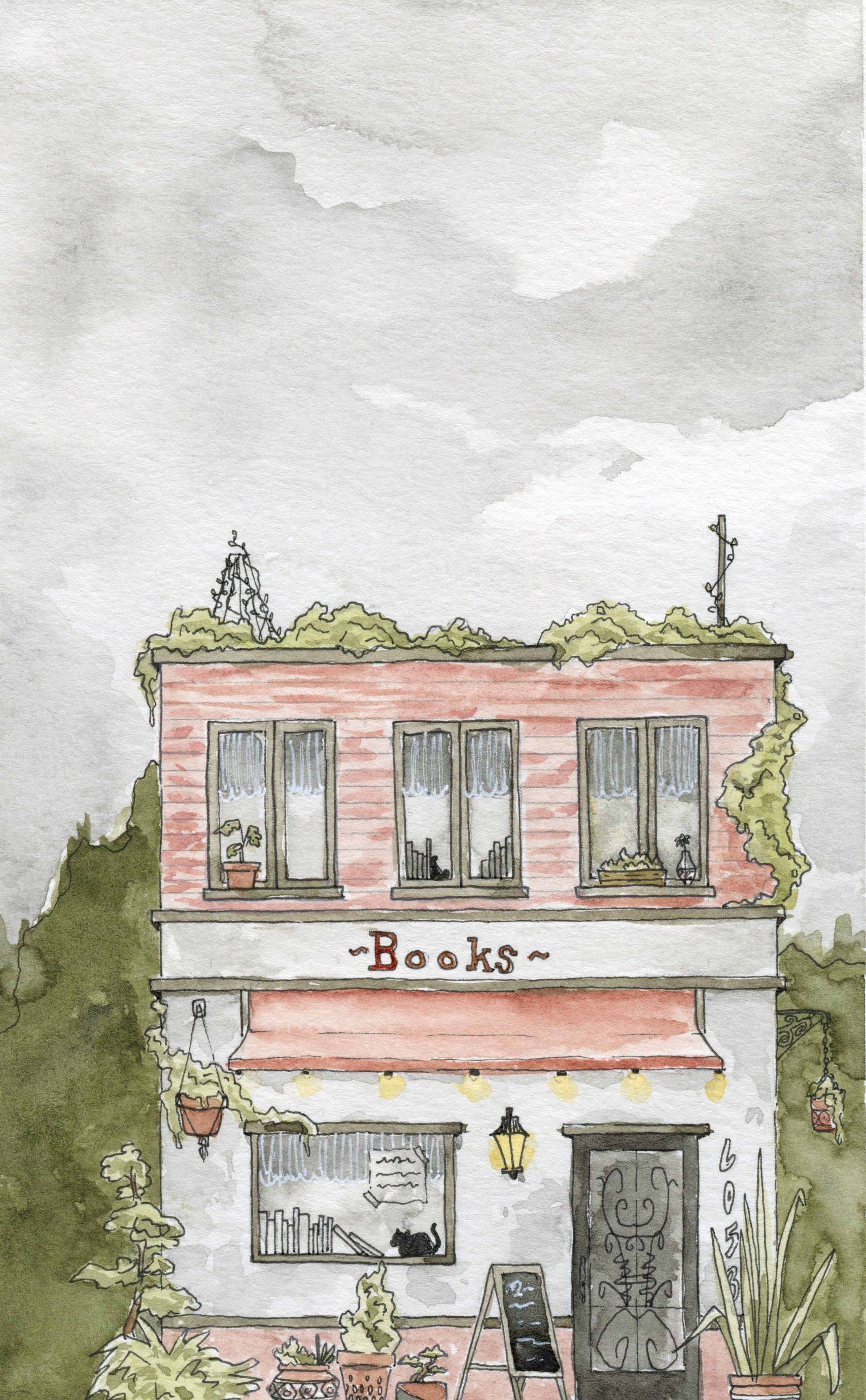 Bookstore, watercolor and pen & ink on watercolor paper, 8.5" x 5.5"
2022, $75
