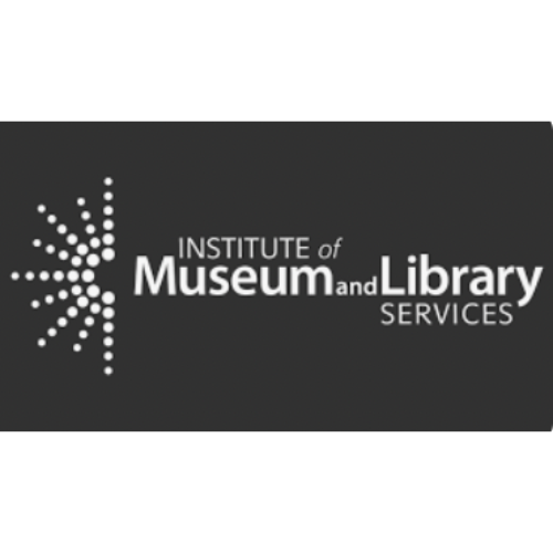 Institute of Museum and Library Services logo on a dark background, featuring white text and a dotted design element on the left.