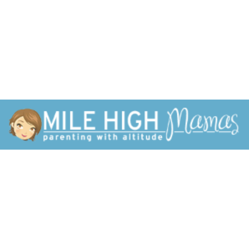 Mile High Mamas logo with "parenting with altitude" tagline on a blue background, featuring an illustration of a woman's face.