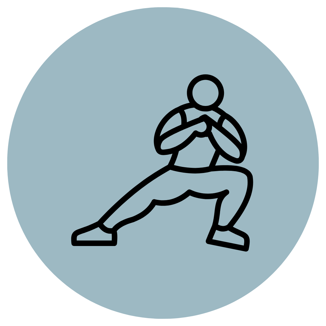 Line drawing of a person practicing martial arts in a fighting stance, within a circular blue background.