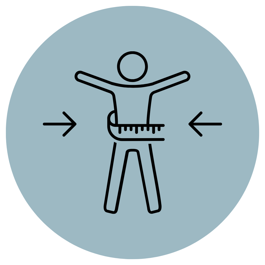 Simple icon of a person with a measuring tape around the waist, arms extended outward, with arrows pointing outward on both sides, indicating measuring or sizing.