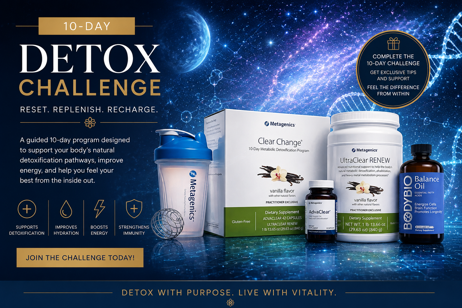 Image of a 10-day detox challenge promotional display featuring a box of Clear Change metabolic detoxification capsules, UltraClear RENEW nutritional support, a BODiO Balance Oil supplement, and a shaker bottle with the Metagenics logo. The background depicts a cosmic space scene with stars, a planet, and DNA strands. The text highlights benefits such as supporting detoxification, improving hydration, boosting energy, and strengthening immunity.
