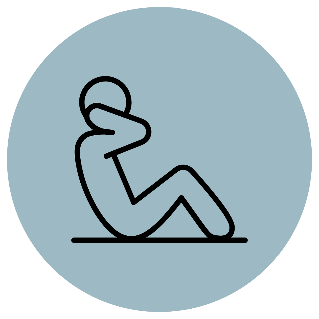 Simple line drawing of a person sitting with knees bent and hands behind head, on a circular blue background.